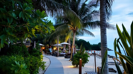 Tropical walkway leading to beachside dining in the evening, with palm trees and lush greenery. Ideal for travel or resort promotion