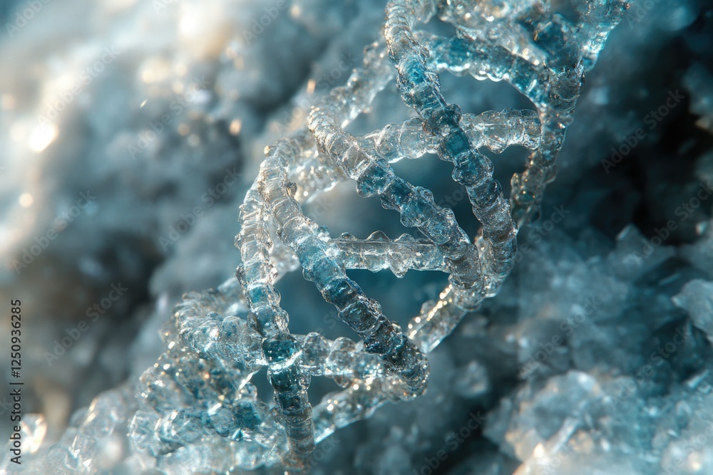 Poster a close-up of a dna double helix, seemingly frozen in ice, showcasing its intricate structure.