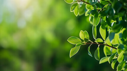 Vibrant green leaves catching sunlight on tree branch. Nature scene for environmental, ecological, spring, and organic concepts
