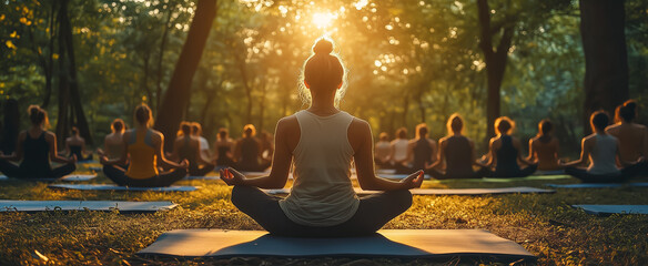 Fototapeta premium Group of people practicing yoga at sunrise in nature