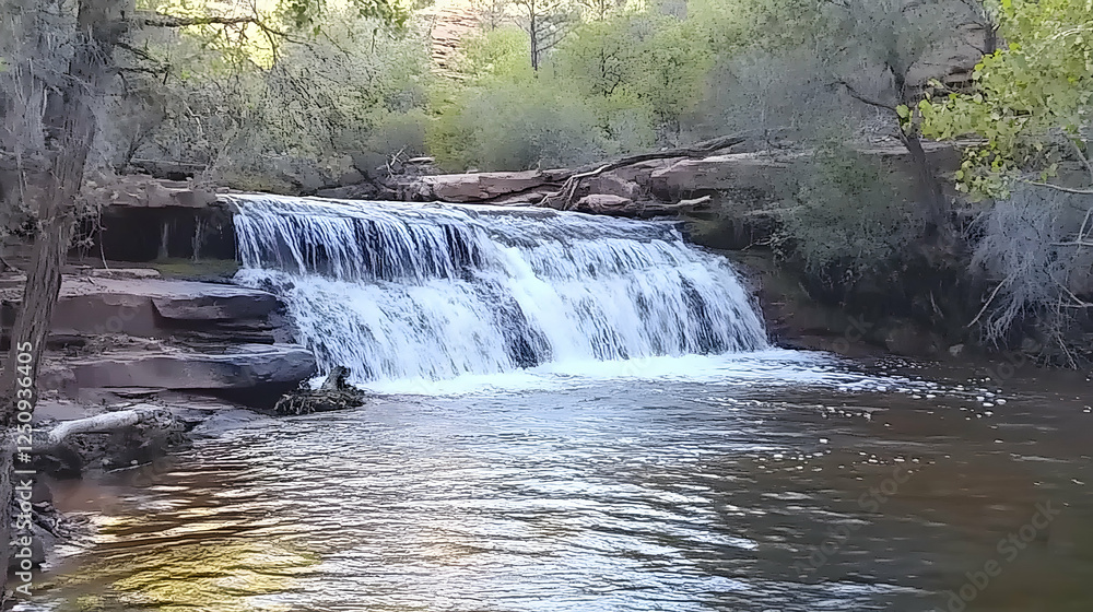 Poster waterfall cascading over rocks into a river. lush greenery and trees in background. use travel and n