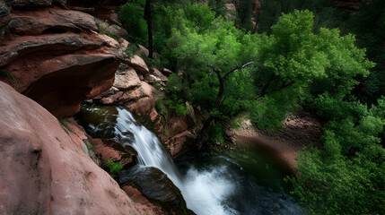 Waterfall plunges from cliff face into river with green trees; backdrop of cliffs and forest. For travel, nature, and outdoor recreation