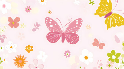 Whimsical butterfly flying among flowers. A spring illustration for wallpapers, posters, banners, cards, and backgrounds