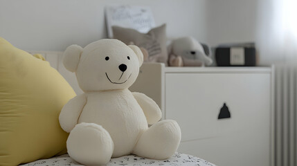 White bear sits on bed in nursery, home interior background, for baby products, interior design, or child development concepts
