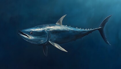 Fototapeta premium A Bluefin Tuna Swims in Deep Ocean Waters
