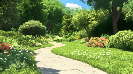 Winding garden path landscaping with flowers and bushes, sunlight filtered through trees. Scenery for backgrounds, design, or decoration