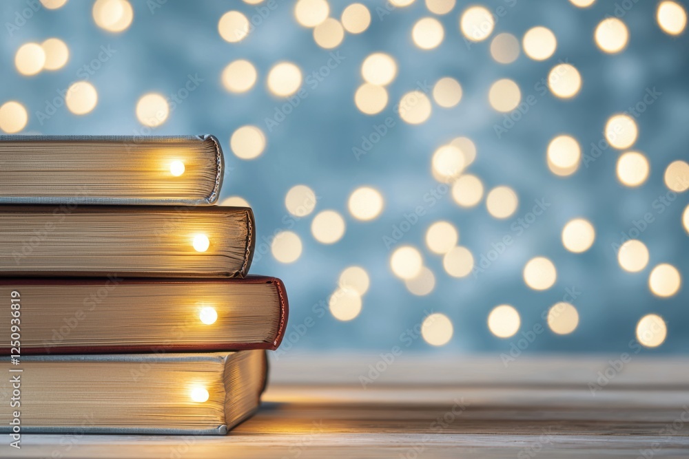 Aufkleber stack of books with glowing bookmarks on a soft background of bokeh lights