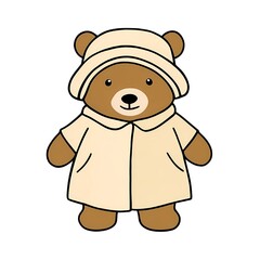 Obraz premium A bright brown teddy bear in a beige coat and with the same headdress on a white background.