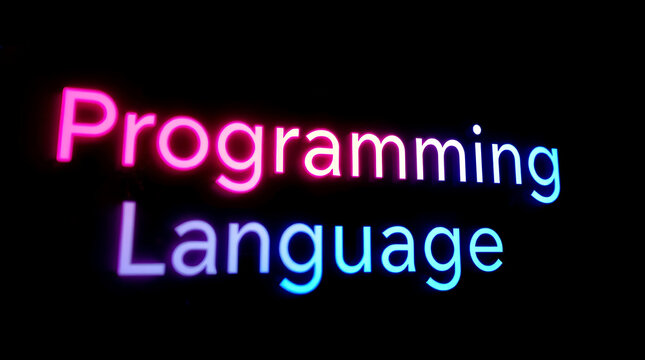 Programming Languages and High-Tech Development, coding, software development, neon sign, futuristic tech, programming concepts, JavaScript, Python, Java, C++, HTML, CSS, coding background.