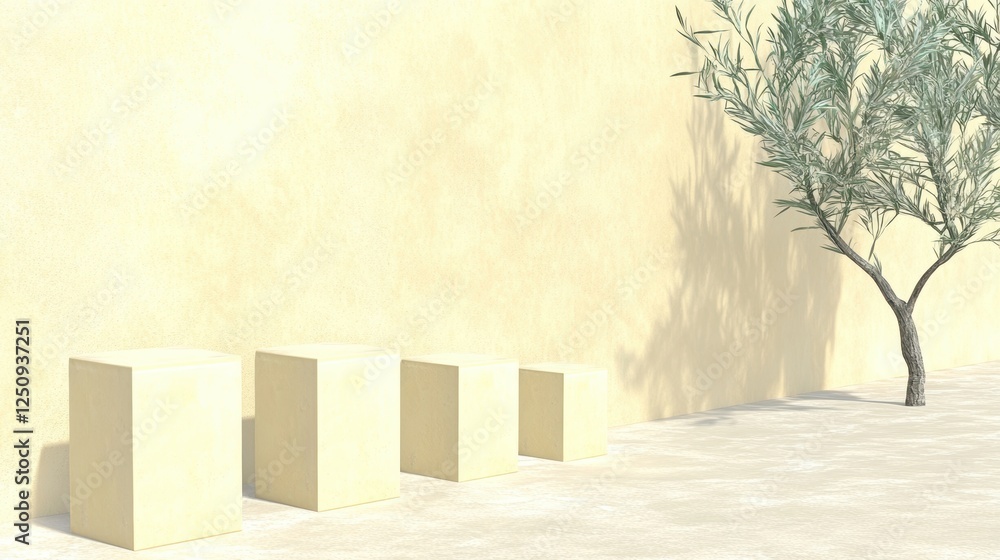 Poster minimalist scene with blocks and a tree against a textured wall.