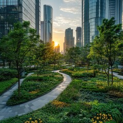 Fototapeta premium Urban park sunset, winding path, skyscrapers, tranquility, city escape, brochure