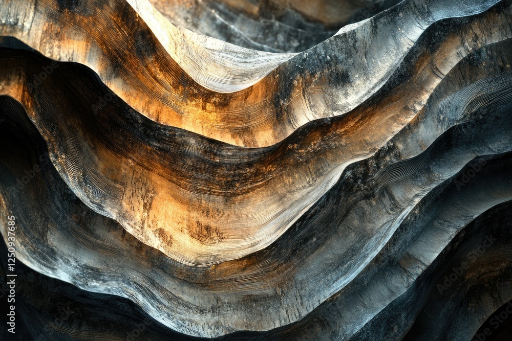 Aufkleber abstract art showcasing undulating layers of dark and golden hues, creating a mesmerizing texture.