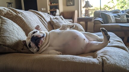 A relaxed bulldog lying on a plush couch, with its belly exposed and mouth open, exuding contentment in a cozy living room setting
