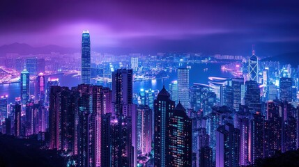 Fototapeta premium Hong Kong Cityscape Night View Illuminated Skyscrapers