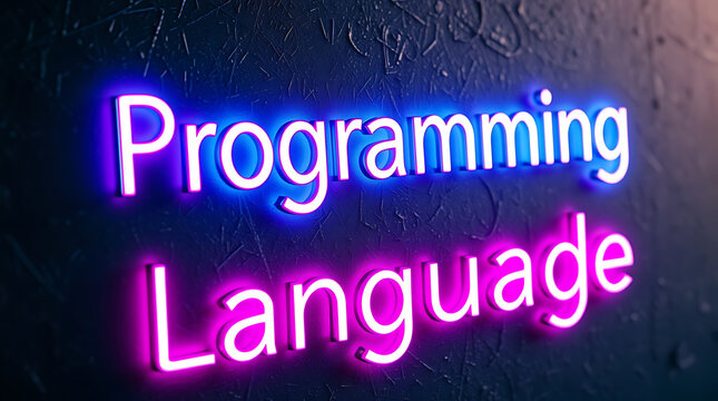 Programming Languages and High-Tech Development, coding, software development, neon sign, futuristic tech, programming concepts, JavaScript, Python, Java, C++, HTML, CSS, coding background.