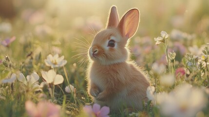 Fototapeta premium A cute pygmy rabbit in wildflowers.