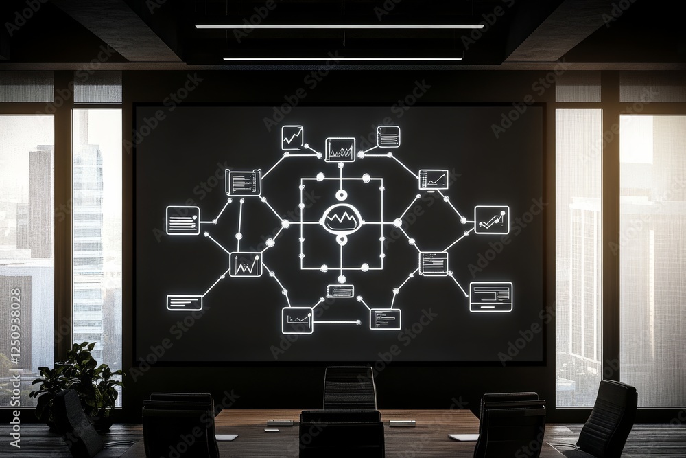 Poster modern conference room with digital data visualization display