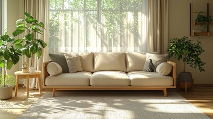 Fototapeta premium Light Filled Living Room With Beige Sofa And Plants