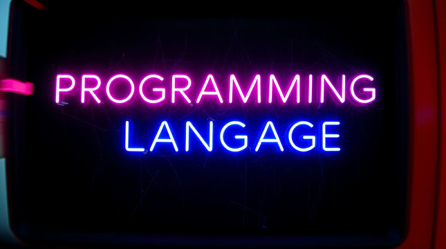 Programming Languages and High-Tech Development, coding, software development, neon sign, futuristic tech, programming concepts, JavaScript, Python, Java, C++, HTML, CSS, coding background.