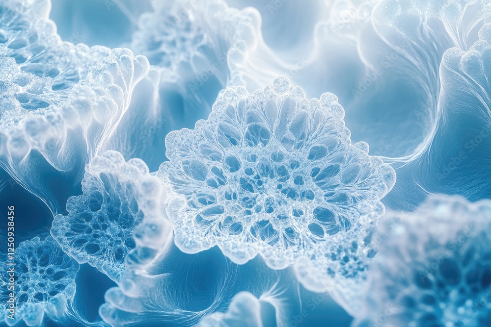 Poster abstract image of intricate, lace-like, blue formations resembling frozen patterns or cellular struc