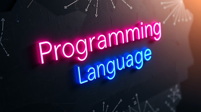 Programming Languages and High-Tech Development, coding, software development, neon sign, futuristic tech, programming concepts, JavaScript, Python, Java, C++, HTML, CSS, coding background.