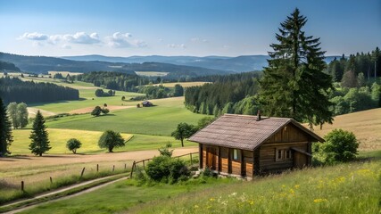 A charming small cabin stands alone in a vibrant green field, offering a peaceful retreat in the countryside