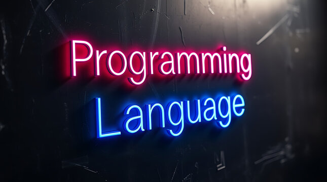 Programming Languages and High-Tech Development, coding, software development, neon sign, futuristic tech, programming concepts, JavaScript, Python, Java, C++, HTML, CSS, coding background.