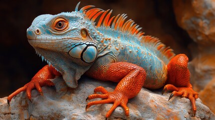 Fototapeta premium A colorful iguana basking on a rock in the bright sunlight