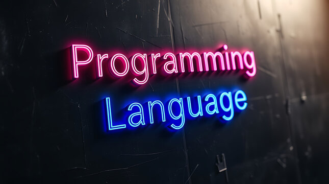 Programming Languages and High-Tech Development, coding, software development, neon sign, futuristic tech, programming concepts, JavaScript, Python, Java, C++, HTML, CSS, coding background.