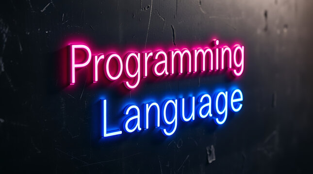 Programming Languages and High-Tech Development, coding, software development, neon sign, futuristic tech, programming concepts, JavaScript, Python, Java, C++, HTML, CSS, coding background.