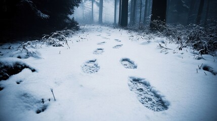 Obraz premium Footprints in snowy forest trail.