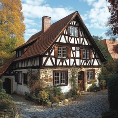 Autumnal Half-timbered House, Cobblestone Drive, Rural Setting, Real Estate