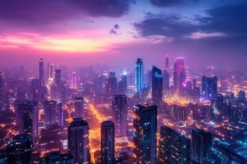 Fototapeta premium Night City Skyline Illuminated Under a Vibrant Sunset