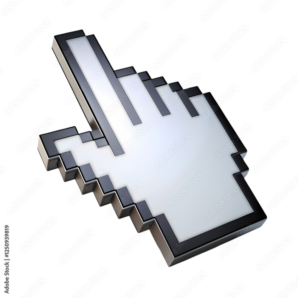 Fototapete Metallic pixelated cursor hand pointer digital technology icon 3d web grey on transparent background