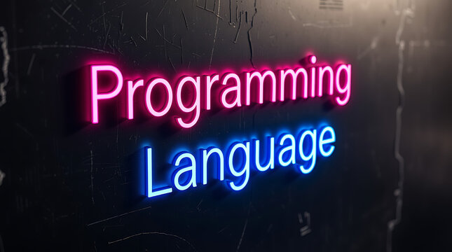Programming Languages and High-Tech Development, coding, software development, neon sign, futuristic tech, programming concepts, JavaScript, Python, Java, C++, HTML, CSS, coding background.