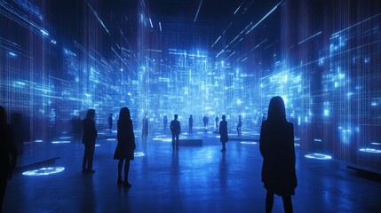 Obraz premium Metaverse exhibit people exploring digital city, futuristic data streams