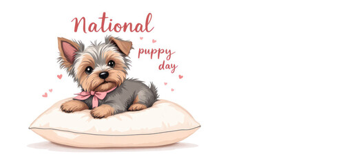 Adorable puppy sitting on a pillow celebrating National Puppy Day with hearts in the background