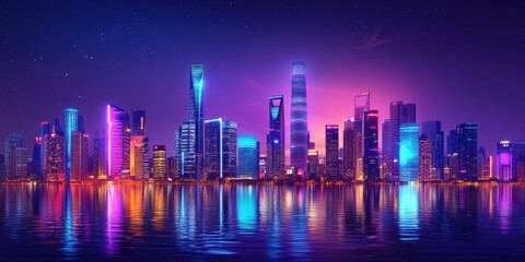 Fototapeta premium Vibrant Neon Cityscape Reflecting on Calm Water