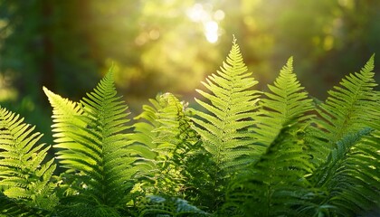 Green fern leaves in the sun, Ostrich fern leaves, Matteuccia struthiopteris plant closeup