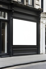 Fototapeta premium White Empty Storefront Signage on Elegant Fashion Boutique Exterior for Premium Branding Visuals