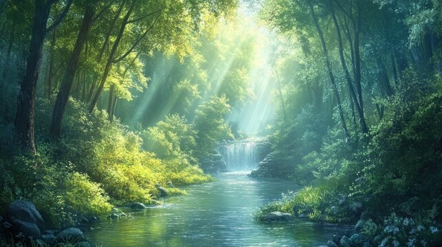 Sunlit forest stream, waterfall, tranquil nature scene, background for peace, serenity