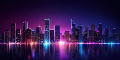 Neon Cityscape Reflecting in Calm Water at Night