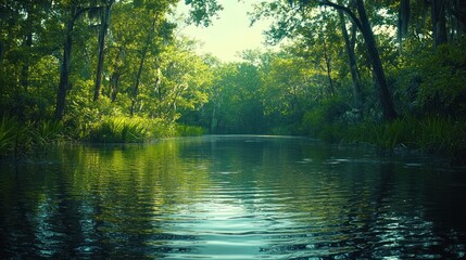 Obraz premium Calm river flows through lush green swamp forest