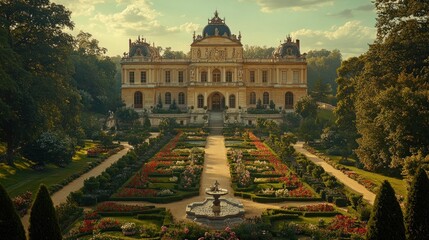 Naklejka premium Palace Garden Aerial View French Chateau sunset, formal gardens, fountains, landscape design