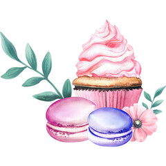 Sweet composition with cupcake and macaron. Watercolor hand drawn illustration.