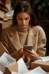 Young Woman Overwhelmed With Business, Bills, and Paperwork Seeks Relief Using Her Smartphone.