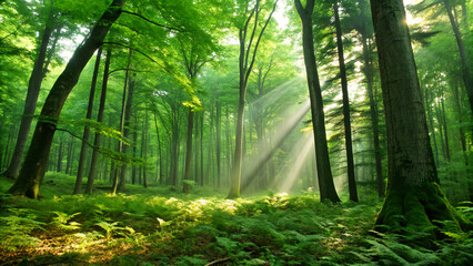Fototapeta premium morning in the forest , sun rays in the forest , lush green forest