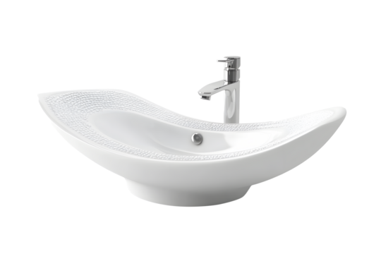 Sink wash basin ceramic on countertop in bathroom isolated on cut out PNG or transparent background. Faucet for washing face hands.