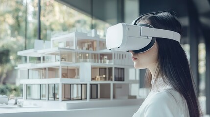 Woman uses VR headset, viewing house model, modern office background, architectural design