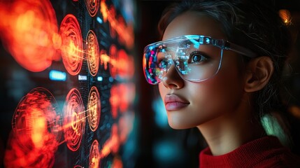 Young woman in futuristic glasses analyzing glowing data displays in a lab